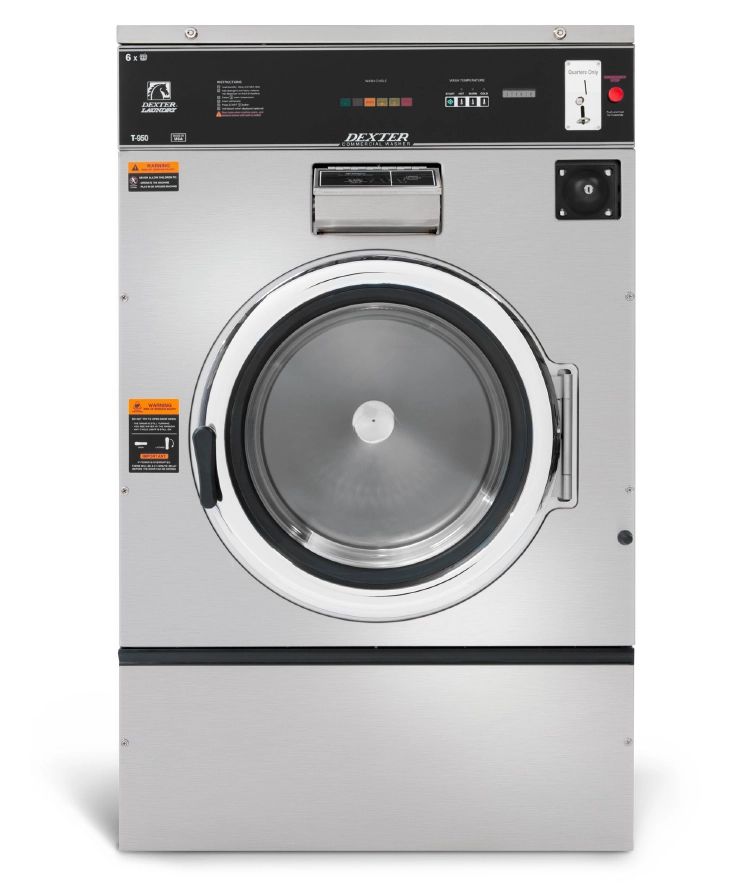 Front-facing Dexter commercial coin-operated washing machine designed for laundromat and industrial laundry operations.